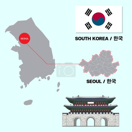 Drapeau et carte de la Corée du Sud symbole isolé sur fond bleu clair. Illustration vectorielle.