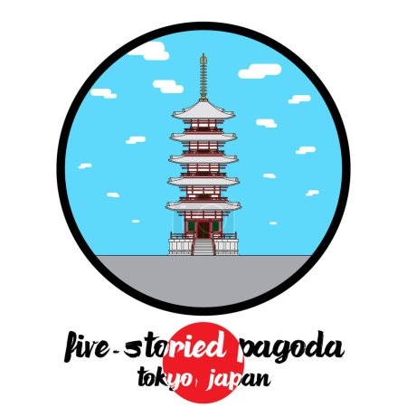 Ilustración de Icono de círculo línea cinco pisos Pagoda Sensoji templo Asakusa.vector ilustración - Imagen libre de derechos