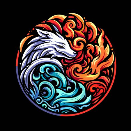 Ilustración de Logotipo abstracto lobo con luna de fuego. ilustración vectorial - Imagen libre de derechos