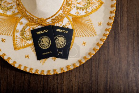Photo for Mexican passport on charro hat. Mariachi hat and Mexican passport. Mexican citizenship concept. - Royalty Free Image
