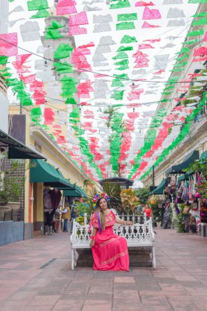 Mujer mexicana sentada con vestido tradicional. Calle decorada con colores de la bandera mexicana. Celebración del Cinco de Mayo.