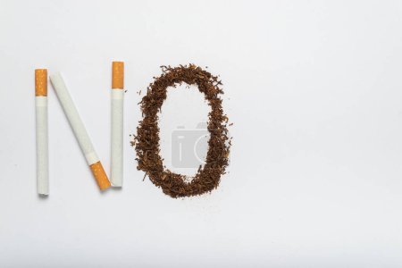 No smoking advertisement. Cigarettes and tobacco sting forming the word NO on a white background.