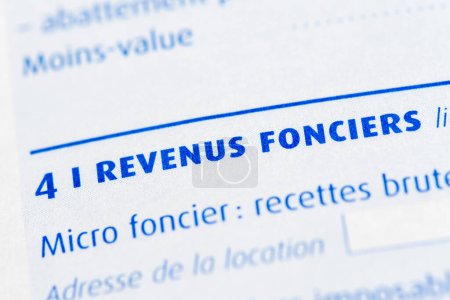 Téléchargez les photos : Impôts en France : Détail d'une déclaration de revenus française avec un gros plan sur la rubrique revenus immobiliers - en image libre de droit