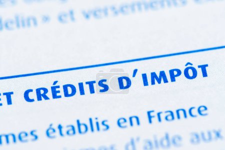 Téléchargez les photos : Impôts en France : Détail d'une déclaration de revenus française avec un gros plan sur la rubrique crédits d'impôt - en image libre de droit