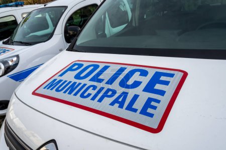 Photo for Biarritz, France - December 25, 2022: Close up of a "Police municipale" marking written in French on the front of a local police patrol vehicle in France - Royalty Free Image