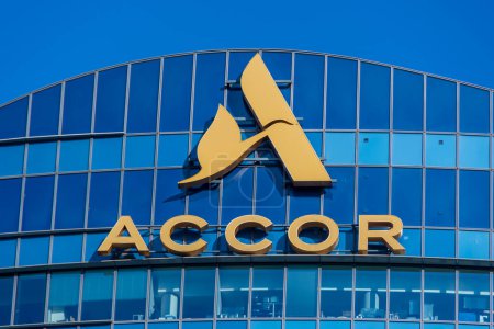 Photo for Issy-les-Moulineaux, France - February 6, 2023: Sign on top of the Sequana tower, headquarters of Accor, a French hotel group with a worldwide presence - Royalty Free Image
