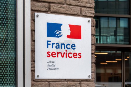 Photo for Gentilly, France - July 19, 2023: Sign of a France Services space, a French administration local structure allowing the public to access a local service and benefit from administrative support - Royalty Free Image