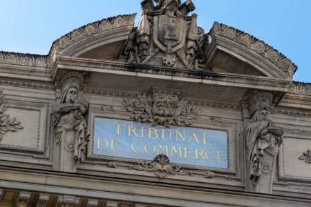 Photo for Paris, France - July 21, 2023: Close-up of the sign at the top of the building housing the Commercial Court ('Tribunal de Commerce') of Paris, France - Royalty Free Image