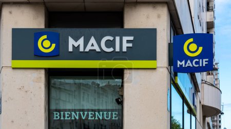 Photo for Paris, France - September 25, 2023: Sign and logo of a Macif agency. Macif is a French mutual insurance company headquartered in Niort, France - Royalty Free Image