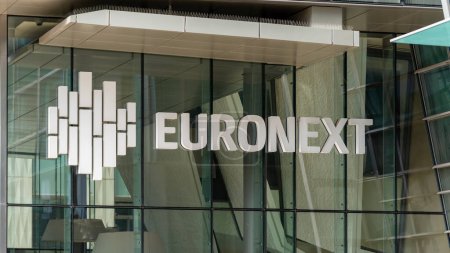 Photo for Courbevoie, France - October 9, 2023: Sign and logo at the entrance to the Euronext building in the Paris La Defense business district. Euronext is the main stock exchange in the euro zone - Royalty Free Image