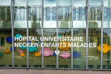 Photo for Paris, France - November 8, 2023: Sign of the Necker-Enfants Malades University Hospital, an hospital center of the Assistance Publique-Hopitaux de Paris (APHP) specializing in pediatrics - Royalty Free Image