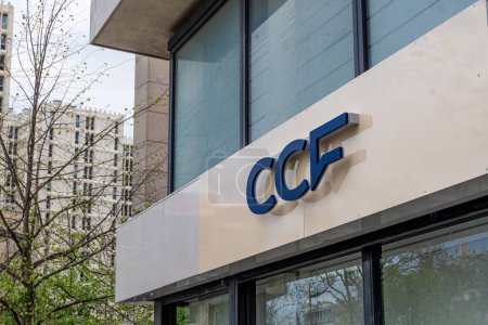 Photo for Paris, France - April 9, 2024: Sign and logo of a branch of the Credit commercial de France (CCF) banking group. CCF is a French bank which previously operated in France under the HSBC brand - Royalty Free Image