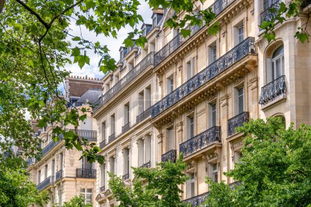 Facades of residential buildings in classic Parisian Haussmannien style built along a tree-lined avenue. Concept of residential real estate market for old housing in France and Paris