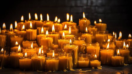 Photo for Burning candles in the church on a dark background. The idea of prayer and religion - Royalty Free Image