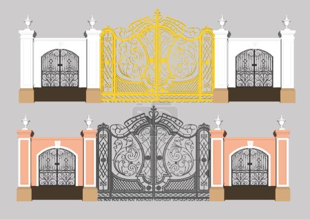 Illustration for Set of balcony railing. Vintage modern home balconied facade or door entrance into private territory, terrace fences. Architecture exterior ornamental decor from wood, brick, steel, stone vector - Royalty Free Image