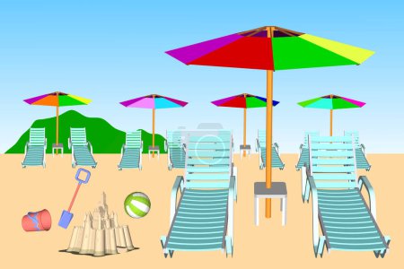 Paper beach umbrellas and chair on a white background. Isolated background.