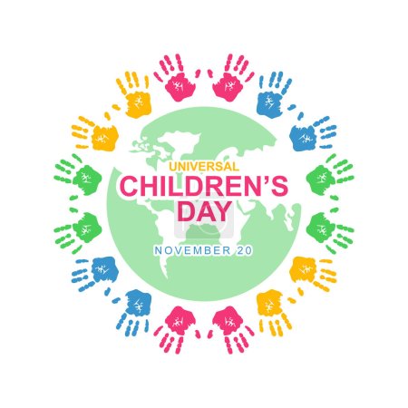 Universal childrens day background. Design with colorful childrens hand prints and earth. Vector illustration design.