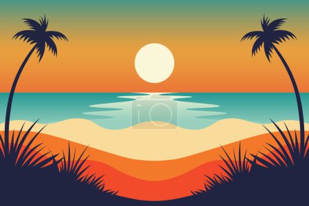 Téléchargez les illustrations : Tropical Sunset Serenity, fond d'été. Illustration vectorielle. - en licence libre de droit