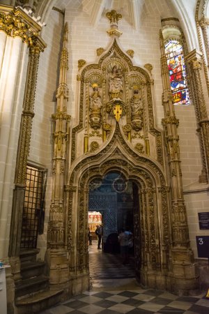 Photo for Mudejar style mixtures in the entrance gate to the Sala de la Trinidad in Toledo Cathedral, Spain. - Royalty Free Image