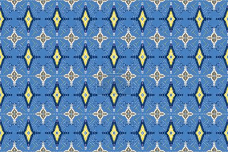 Foto de Ikat bordado sobre fondo azul y amarillo, blanco, rayas geométricas étnicas oriental patrón sin costura tradicional. Diseño para textura, tela, ropa, envoltura y bufanda. - Imagen libre de derechos