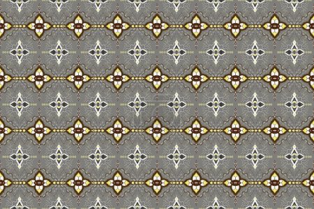 Photo for Embroidery on grey background and yellow, white, black stripes ikat geometric ethnic oriental seamless pattern traditional. Design for texture, fabric, clothing, wrapping, and scarf. - Royalty Free Image