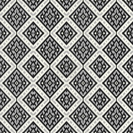 Foto de Patrón de bordado Ikat rayas geométricas sin costuras en blanco y negro sobre fondo gris. Diseño para textil, tela, vestido, ropa, alfombra, cortinas, seda, papel pintado, papel de envolver. - Imagen libre de derechos