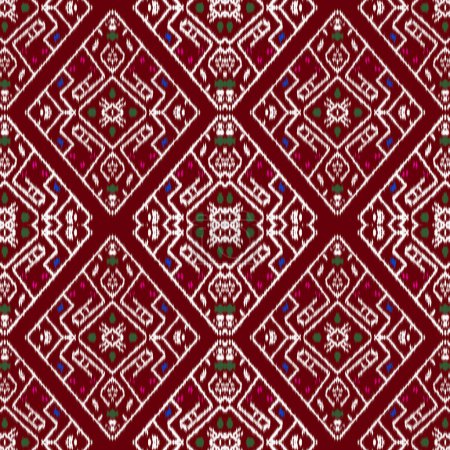 Photo for Ikat embroidery is local fabric pattern with geometric seamless white lines and multicolor stripes on red background. Design for textiles, fabric, dresses, clothing, carpet, curtains, silk, wallpaper, and wrapping paper. - Royalty Free Image