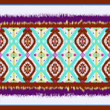 Foto de Patrón de tejido local bordado Ikat con rayas geométricas blancas, rojas, rosadas, amarillas y azules sobre fondo verde. Diseño para textiles, telas, vestidos, ropa, alfombras, cortinas, seda, papel pintado y papel de envolver. - Imagen libre de derechos