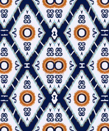 Foto de Ikat bordado de tela local patrón blanco con líneas geométricas sin costuras y rayas de color naranja sobre fondo azul. Diseño para textiles, telas, vestidos, ropa, alfombras, cortinas, seda, papel pintado y papel de envolver. - Imagen libre de derechos