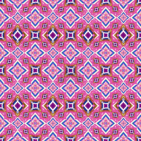 Foto de El bordado Ikat es un patrón de tela local con líneas geométricas blancas sin costuras y rayas multicolores sobre fondo rosa. Diseño para textiles, telas, vestidos, ropa, alfombras, cortinas, seda, papel pintado y papel de envolver. - Imagen libre de derechos