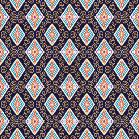 Foto de Ilustración bordado de azul anaranjado amarillo blanco y púrpura geométrico sin costuras diseño de plantilla multicolor en estilo tribal. Motivo popular étnico tradicional. Fondo azul ikat azteca. Resumen para tejidos de bufanda, tela, alfombras, toallas y - Imagen libre de derechos