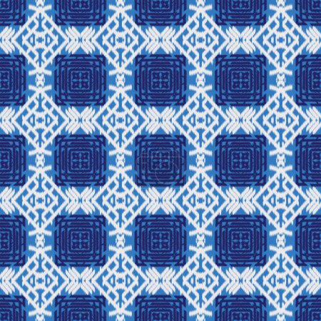 Téléchargez les photos : Modèle de motif de couleur bleu et blanc sans couture de conception d'illustration de broderie dans le style tribal. Motif folklorique traditionnel. Aztec ikat géométrique pour textiles, tissu, tapis, serviettes, écharpe - en image libre de droit