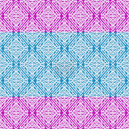 Foto de Ikat bordado pastel patrón de color tribal con geométricas líneas blancas sin costura rojo, púrpura, rayas de color rosa sobre fondo azul. Diseño para textiles, tela, vestidos, ropa, alfombras, cortinas, seda, pared, papel de envolver. - Imagen libre de derechos