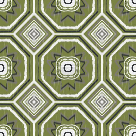 Photo for Embroidery geometrics ethnic oriental ikat seamless patterns on green background. Aztec abstract illustration. - Royalty Free Image