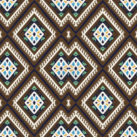 Photo for Embroidery geometrics ethnic oriental ikat seamless patterns blue white yellow and brown stripes on blue background. Aztec abstract illustration. Native style traditional design for texture, textile, fabric, scarf, clothing, print. - Royalty Free Image