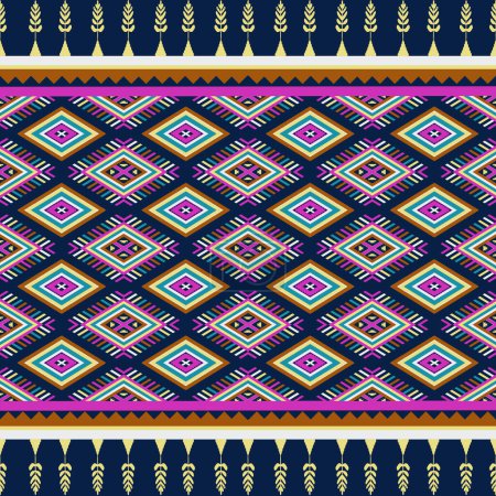 Photo for Embroidery geometrics ethnic oriental ikat patterns orange white yellow pink and blue stripes on navy blue background. Aztec abstract illustration. Native style traditional design for texture, textile, fabric, scarf, clothing, print. - Royalty Free Image