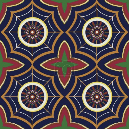 Photo for Ethnic embroidery local fabric pattern with geometric circle seamless white lines and multicolor stripes on navy blue background. Design for textiles, fabric, dresses, clothing, carpet, curtains, silk, wallpaper, and wrapping paper. - Royalty Free Image