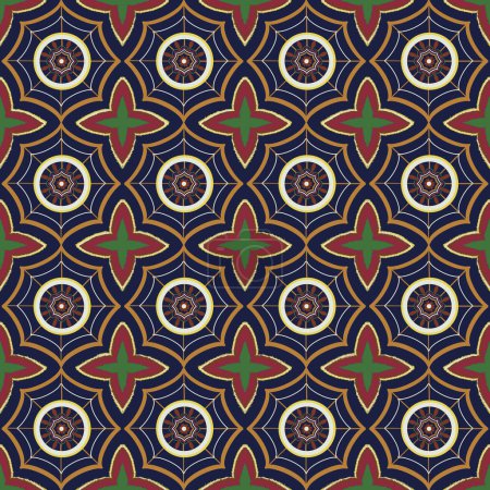 Photo for Ethnic embroidery local fabric pattern with geometric circle seamless white lines and multicolor stripes on navy blue background. Design for textiles, fabric, dresses, clothing, carpet, curtains, silk, wallpaper, and wrapping paper. - Royalty Free Image