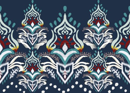Téléchargez les photos : Ikat broderie de paisley floral motif folklorique oriental traditionnel sur fond bleu. Texture ethnique tribale motif rayé sans couture dans le style aztèque pour tapis, papier peint, rideau, textile, tissu. - en image libre de droit