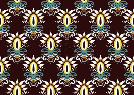 Téléchargez les photos : Ikat broderie de paisley floral motif folklorique oriental traditionnel sur fond rouge. Texture ethnique tribale motif rayé sans couture dans le style aztèque pour tapis, papier peint, rideau, textile, tissu. - en image libre de droit