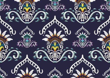 Photo for Ikat floral paisley embroidery folklore oriental pattern traditional on blue background. Tribal ethnic texture seamless striped pattern in Aztec style for carpet, wallpaper, curtain, textile, fabric. - Royalty Free Image