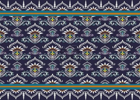 Téléchargez les photos : Ikat broderie de paisley floral motif folklorique oriental traditionnel sur fond bleu. Texture ethnique tribale motif rayé sans couture dans le style aztèque pour tapis, papier peint, rideau, textile, tissu. - en image libre de droit