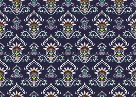 Foto de Ikat floral paisley bordado folklore patrón oriental tradicional sobre fondo azul. Patrón de rayas sin costuras de textura étnica tribal en estilo azteca para alfombra, papel pintado, cortina, textil, tela. - Imagen libre de derechos
