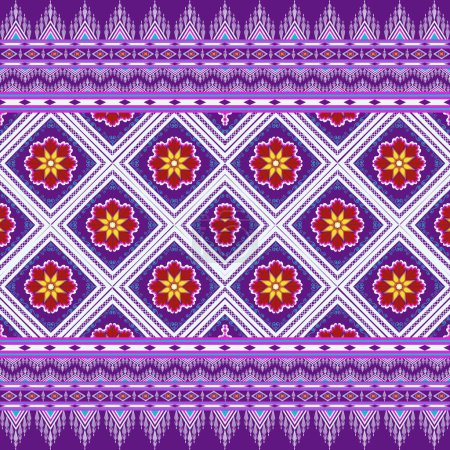 Foto de Patrón de tela floral tribal sobre fondo púrpura. Patrón étnico bordado. Textura de flor tribal étnica geométrica nativa abstracta ilustración para ropa textil bufanda alfombra papel tapiz cortina. - Imagen libre de derechos