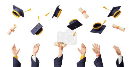 Photo for Happy students throw up graduation caps and certificate scrolls in air. People hands, flying black academic hats and rolled diplomas on white background, 3d render illustration - Royalty Free Image