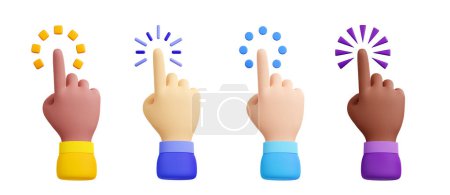 Multiethnic hands pushing button with different color sleeves and loading effects isolated on white background. 3D render set of caucasian and black skin pointer cursor. Website design element