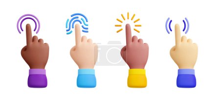 Cursor del ordenador con la mano y haga clic en el icono. Brazos diversos del hombre con los dedos presionan el botón, señalando o tocando el escaneo de huellas dactilares, ilustración de renderizado 3d aislada sobre fondo blanco