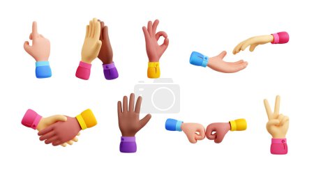 3d render multiracial hand gestures business handshake, ok, peace or victory, pointing up, open palm, beating fists and giving high-five symbol isolated illustration in cartoon plastic style, set
