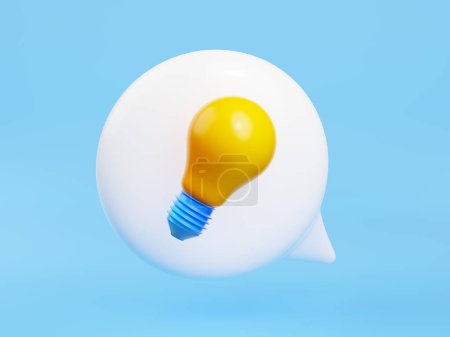 3D-Rendering Glühbirne in Sprechblase auf blauem Hintergrund. Kreative Idee, schnelle Tipps, Inspiration, Brainstorming, Entwicklung, Geschäftslösungskonzept, Ikone, Illustration im Cartoon-Plastik-Stil