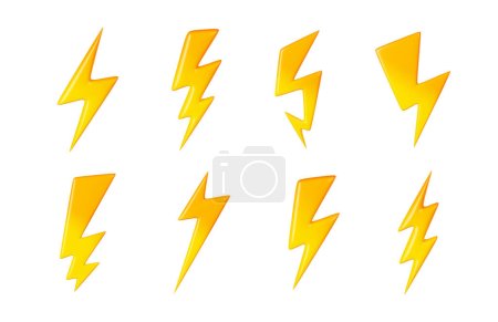 Téléchargez les photos : Illustration 3D ensemble de signes de foudre jaune de forme différente isolés sur fond blanc. Collection de super puissance électrique ou magique, charge d'énergie ou symboles haute vitesse. Élément de design Gui - en image libre de droit